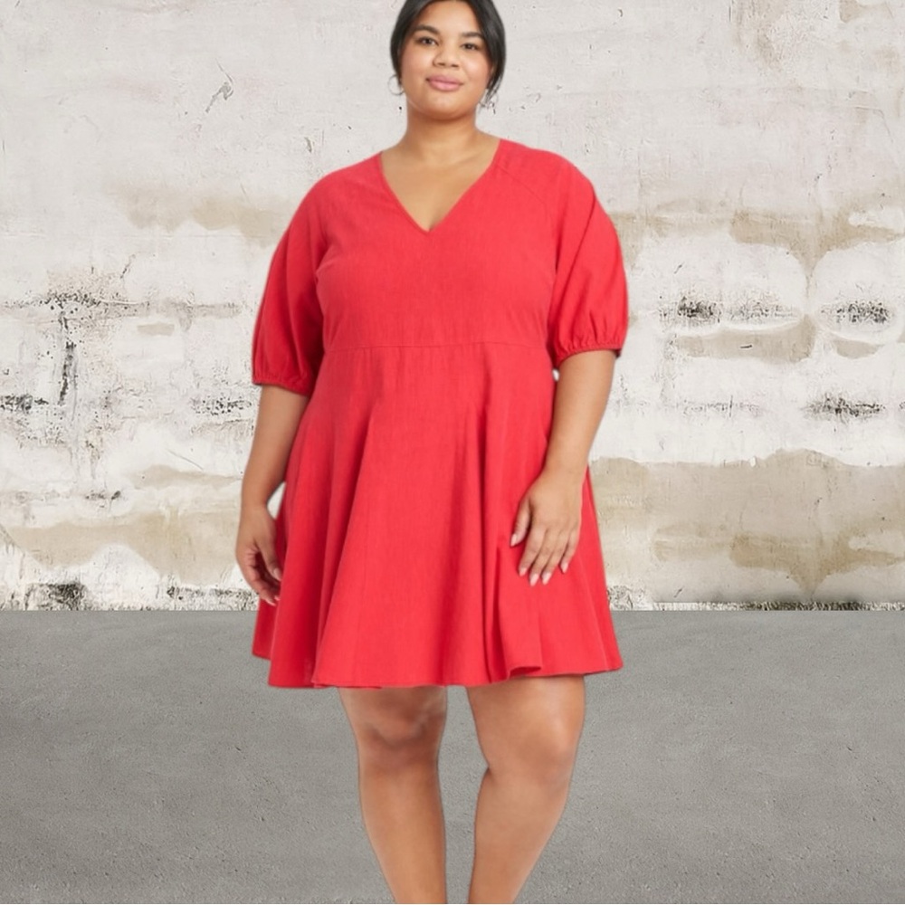 Universal Thread Bright Red V-Neck Fit & Flare Cotton Mini Dress - Pockets!